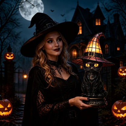 Lampka stołowa „Czarny kot w czarodziejskim kapeluszu” – magiczna i przytulna dekoracja do Twojego domu