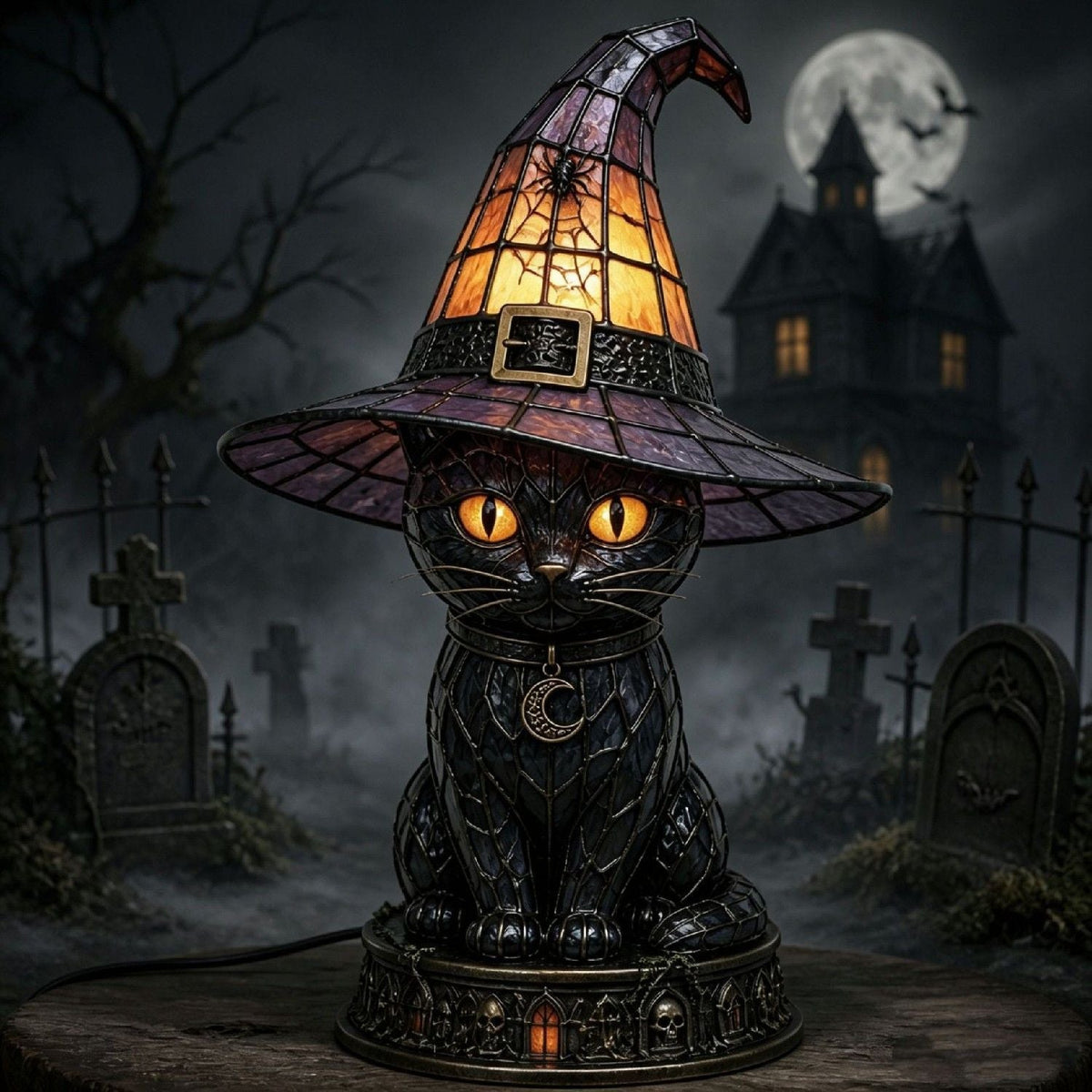 Lampka stołowa „Czarny kot w czarodziejskim kapeluszu” – magiczna i przytulna dekoracja do Twojego domu